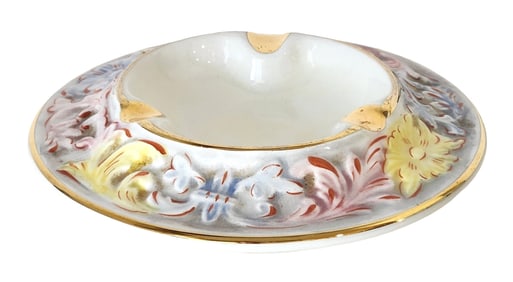 Italian Capodimonte Porcelain Ashtray with Hand-Painted Floral Decoration