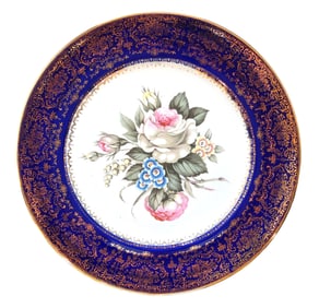 Imperial Salem China Co. Floral Plate with Cobalt & 23K Gold Rim, American, c. 1930s
