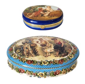 Group of Two European Porcelain Oval Boxes with Figural Scenes
