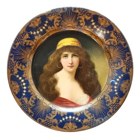 Antique Vienna Art Metal Plate, Classical Female Portrait, Gilt & Cobalt Blue Border, c. 1905