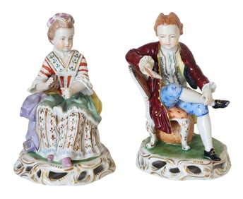 Pair of German Dresden Porcelain Seated Gentleman and Lady in 18th-Century Dress