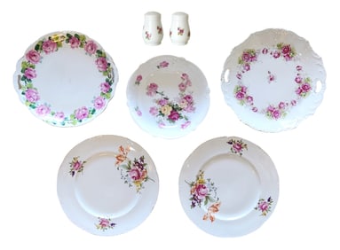 Group of European Porcelain Floral Serving Plates & Salt Shakers, Bavaria & Ilmenau Marks