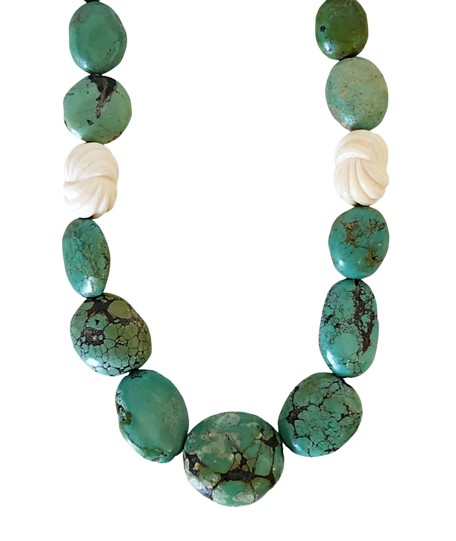 Vintage Turquoise & Carved Shell Bead Necklace with 14K Gold Clasp (1 of 3)