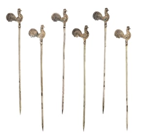 Set of Six English Silverplate Rooster Cocktail Picks, Mid-20th Century