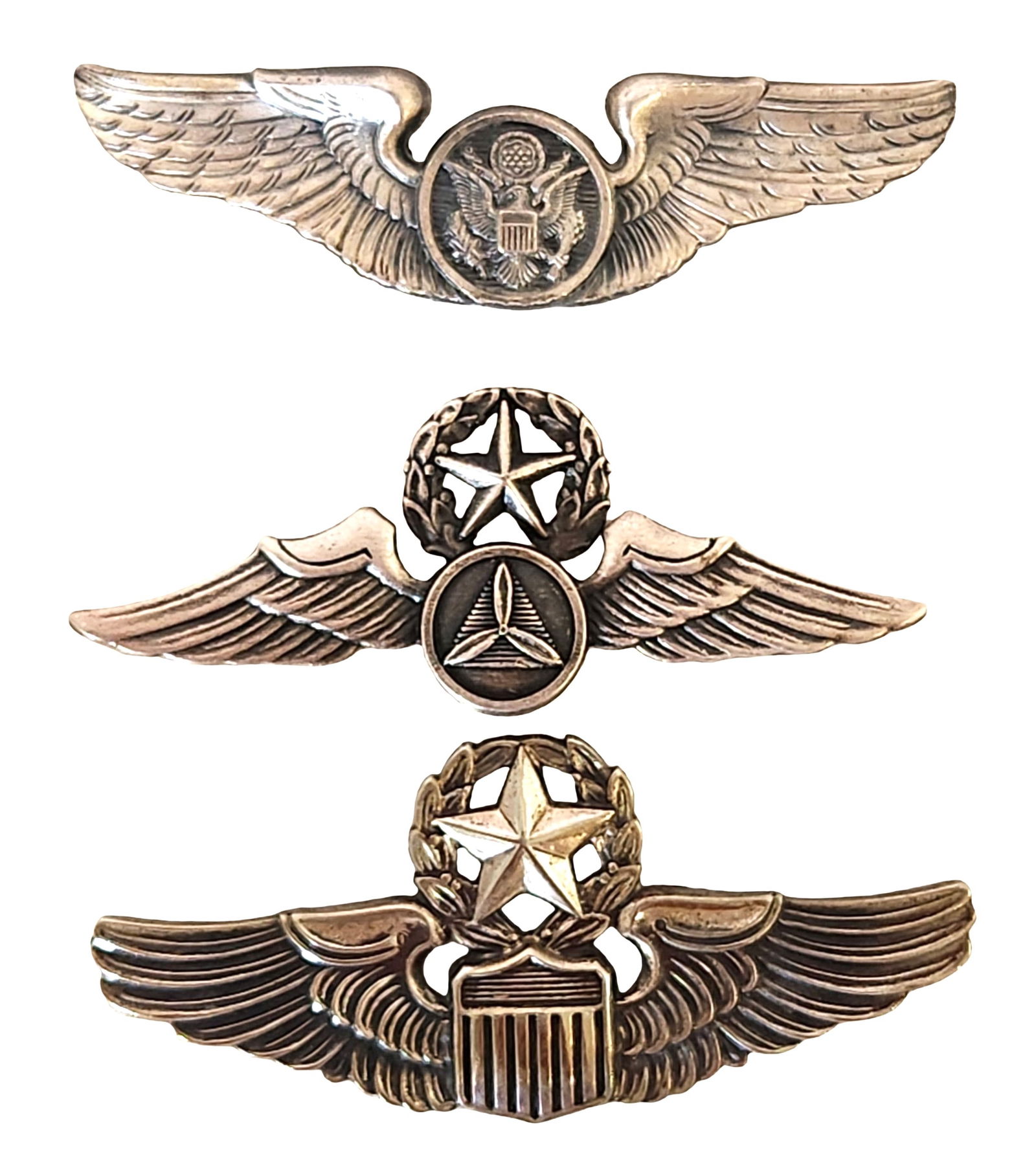 Three Vintage U.S. Military Aviation Wings Badges, Sterling Silver (1 of 4)
