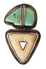 Native American Style Sterling Silver Turquoise & Carved Shell Pendant, JLR 925