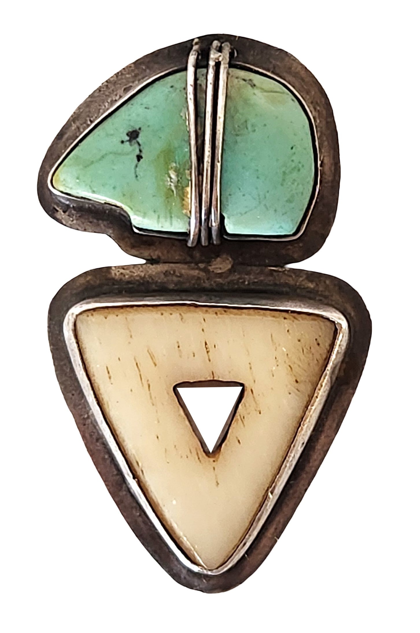 Native American Style Sterling Silver Turquoise & Carved Shell Pendant, JLR 925: Native American–style pendant crafted in sterling silver, marked JLR 925. The design features a natural turquoise cabochon set above a carved shell (likely bone or mother-of-pearl) element with a ge