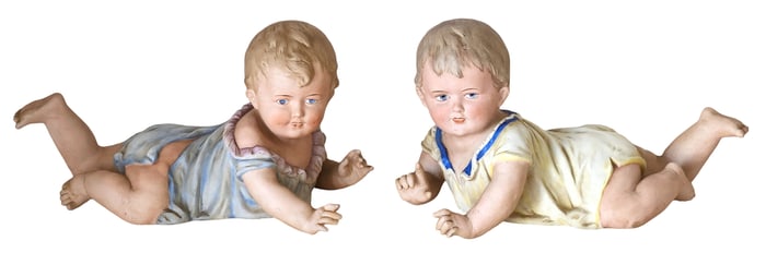 Pair of German Porcelain Piano Baby Figures, Porzellanfabrik Leube & Co., c. Late 19th–Early 20th
