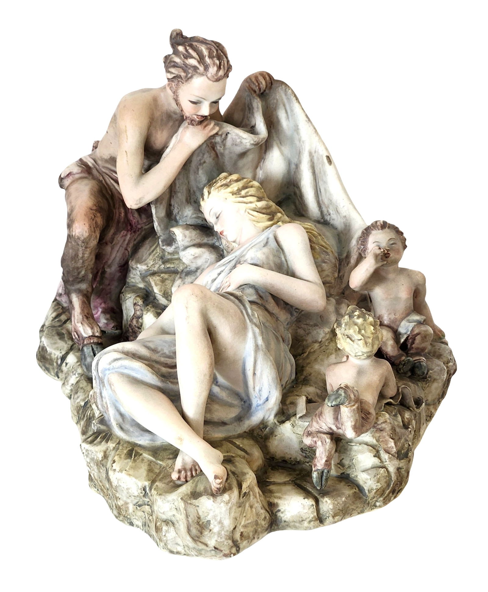 Italian Polychrome Ceramic Figural Group with Putti, Petucco & Tolin, Nove: Large Italian polychrome ceramic figural group depicting a romantic allegorical scene with classical figures and putti. The composition features expressive modeling, flowing drapery, and soft pastel c