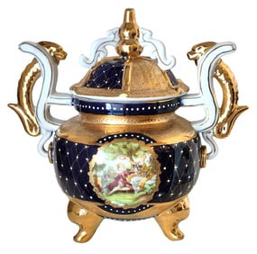 Italian Gilt and Cobalt Blue Porcelain Covered Urn with Figural Reserves