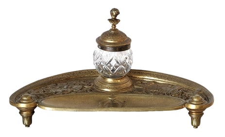Victorian Gilt Bronze Desk Inkstand with Cut Crystal Inkwell, Elkington & Co.
