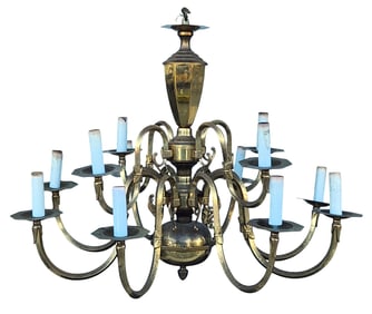 Large Brass Twelve-Light Chandelier with Scrolled Arms
