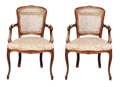 Pair of French Louis XV–Style Walnut Caned Armchairs