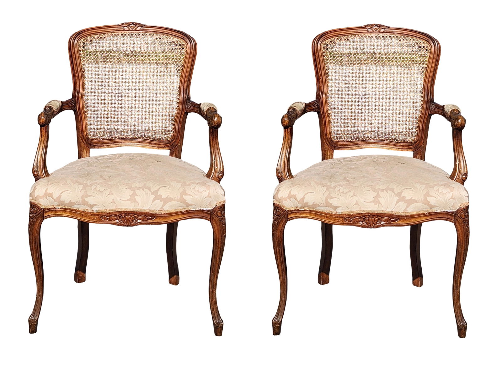 Pair of French Louis XV–Style Walnut Caned Armchairs (1 of 7)