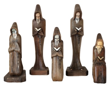 Group of Five Carved Wooden Monastic Figures