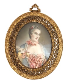 Continental Hand-Painted Portrait Miniature of a Lady in Gilt Bronze Frame
