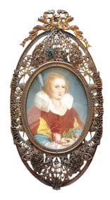 Continental Portrait Miniature of a Lady in Elaborate Gilt Filigree Frame