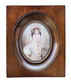 19th-Century Portrait Miniature of Helene Sedlmayr, Wearing Jeweled Crown and Veil, in Wooden Frame