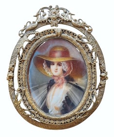 19th-Century Portrait Miniature of a Young Woman, Signed “Bietre ?? in Gilt Frame
