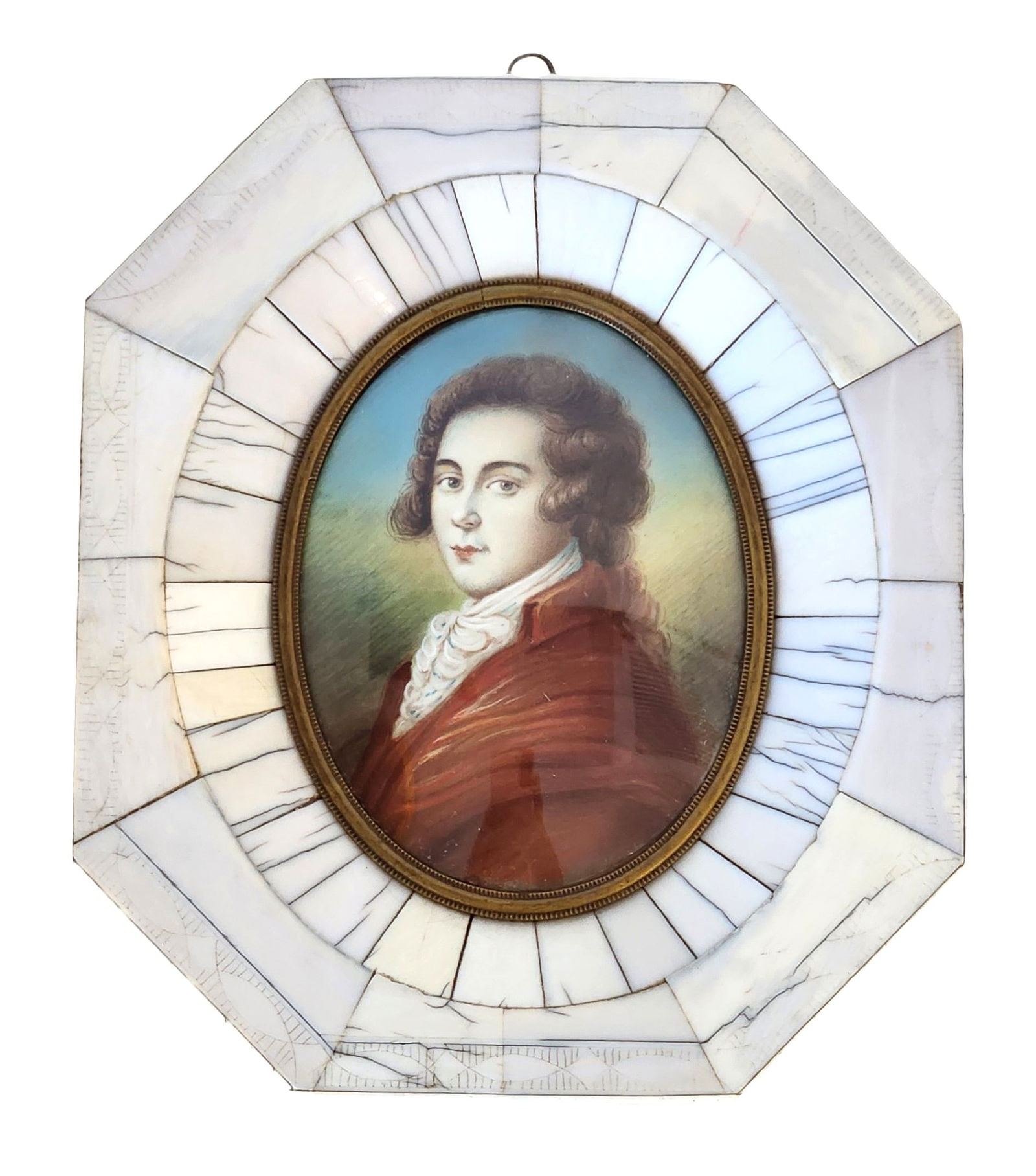 19th-Century Portrait Miniature of Wolfgang Amadeus Mozart, After the Celebrated Composer, in: A finely painted 19th-century portrait miniature depicting Wolfgang Amadeus Mozart (1756–1791), one of the most influential composers in the history of Western music. The composer is shown in bust-l