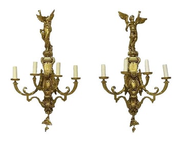 Pair of Gilt Bronze Figural Wall Sconces, 4 Lights Each, Late 19th–Early 20th Century