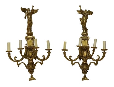 Pair of French Gilt Bronze Figural Wall Sconces, 4 Lights Each, 19th Century