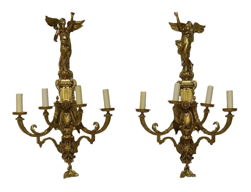 Pair of French Gilt Bronze Figural Wall Sconces, 4 Lights Each, 19th Century (1 of 6)