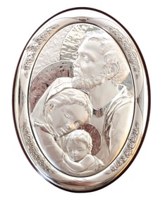 Italian Silvered Metal Holy Family Plaque on Wooden Backing, Marked