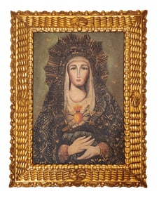 Antique Gilt-Framed Sacred Heart of Mary Devotional Painting on Canvas
