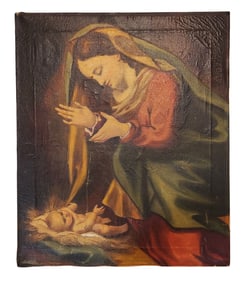 Antique Religious Oil Painting on Canvas, Madonna and Child, 19th Century