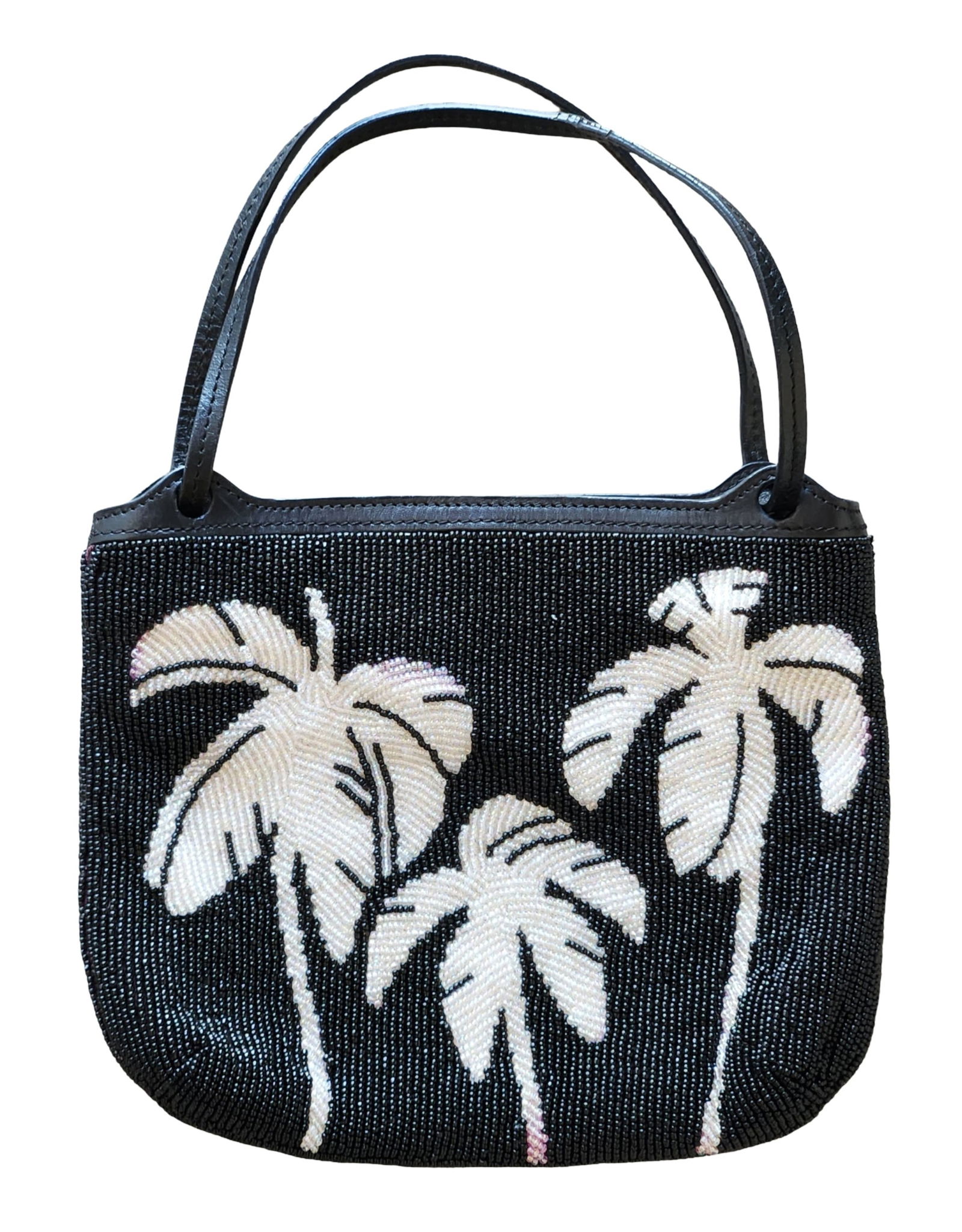 Vintage Tommy Bahama Beaded Palm Tree Handbag Black – Top Handle Evening Bag: Vintage Tommy Bahama handbag featuring an elegant black beaded exterior with a tropical palm tree motif. The design showcases detailed white beaded palm trees on the front and back, giving the bag a d