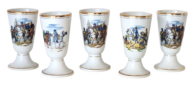 Set of 5 Antique French Limoges Porcelain Goblets with Napoleonic Scenes & Gold Trim