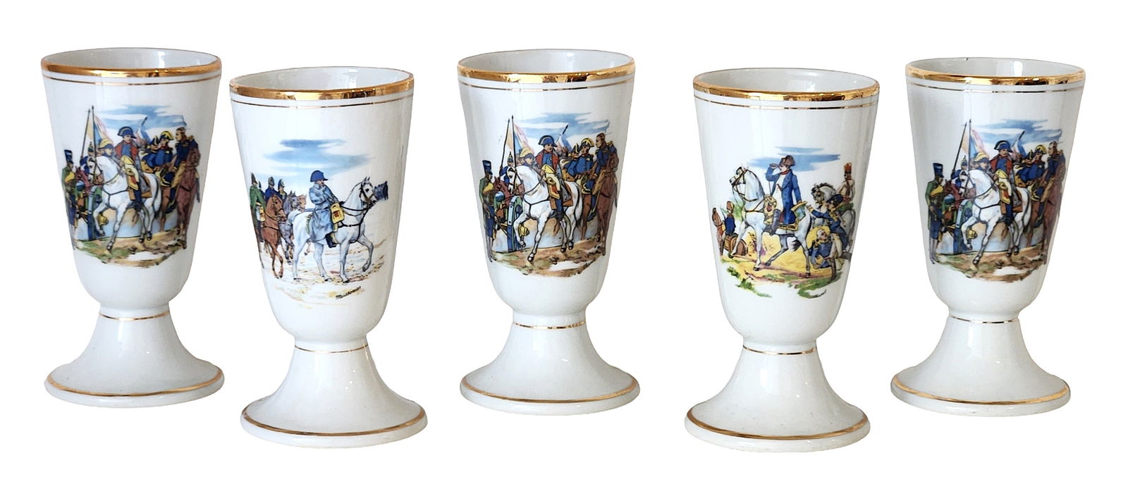 Set of 5 Antique French Limoges Porcelain Goblets with Napoleonic Scenes & Gold Trim: Elegant set of five antique French porcelain goblets featuring finely detailed Napoleonic-era military scenes. Each goblet is hand-decorated with a different scene depicting mounted soldiers and offic