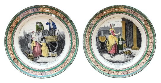 Pair of Antique Adams England “Cries of London?? Transferware Plates – Georgian Street Scenes