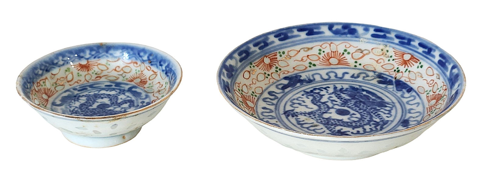 Antique Chinese Blue & White Porcelain Bowls with Dragon Motif – Pair (One Small, One Large) (1 of 4)