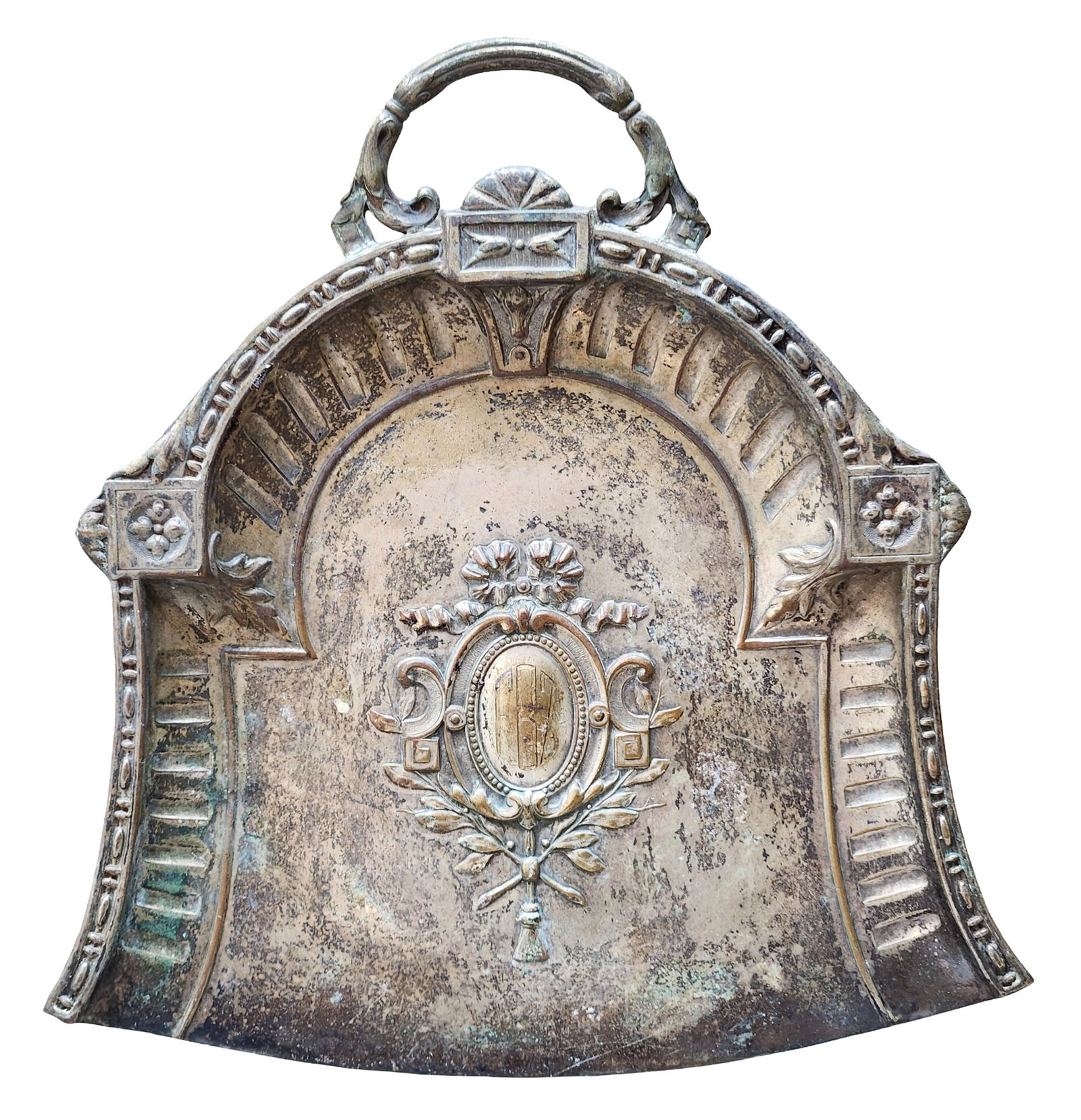 Antique Silverplate Wall Plaque with Handle – Ornate Victorian Decorative Plaque: Decorative antique silverplate wall plaque featuring an elaborate Victorian design with raised architectural borders, classical ornamentation, and a central cartouche framed by floral garlands. The ar