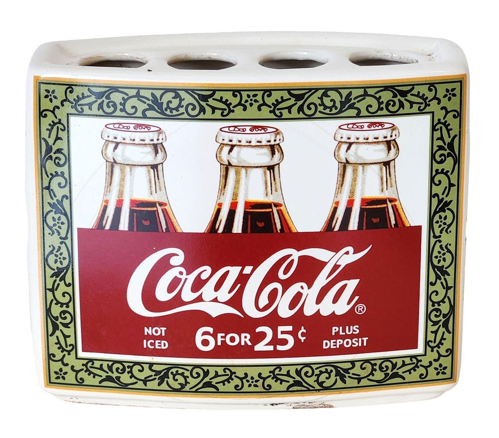 Vintage Coca-Cola Ceramic Soda Fountain Toothbrush Holder, “6 for 25¢?? Advertising Decor: Vintage Coca-Cola ceramic toothbrush holder featuring classic soda fountain advertising graphics with three Coke bottles and the iconic “6 for 25¢ – Not Iced – Plus Deposit” slogan. The p