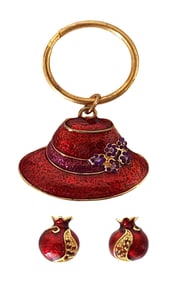 Vintage Enamel Hat Charm Key Ring with  Earrings, Red and Gold Tone