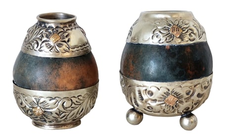 Vintage Argentine Yerba Mate Gourd Cup with Alpaca Repoussé Silver Mounts