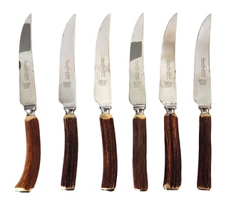 Three George Butler & Co. Sheffield Stainless Steel Steak Knives with Stag Handles