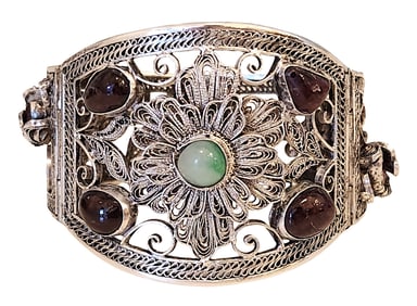 Vintage Chinese Silver Filigree Bracelet, Jade Cabochon & Hardstone Accents, Marked
