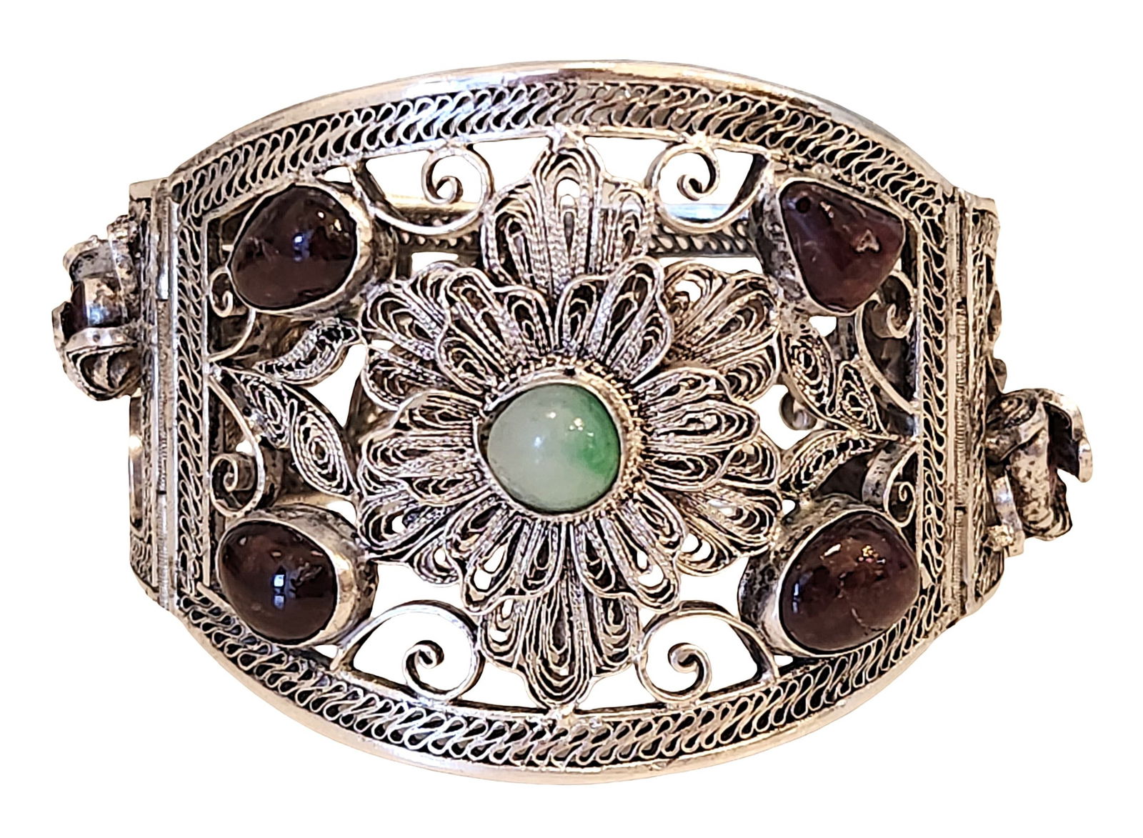 Vintage Chinese Silver Filigree Bracelet, Jade Cabochon & Hardstone Accents, Marked (1 of 4)