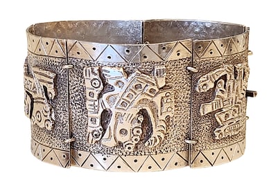 Peruvian Sterling Silver Panel Bracelet with Pre-Columbian Motifs, Marked 900