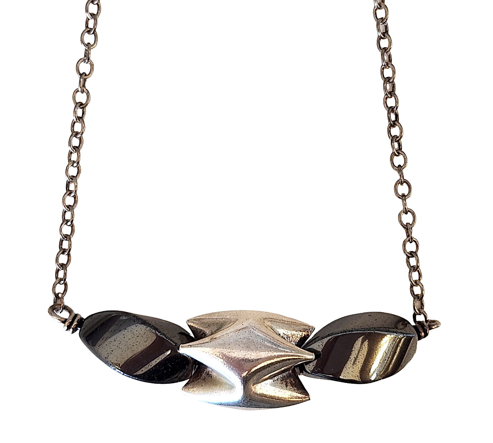 Sterling Silver Necklace with Black Stone and Sculptural Center Element (1 of 3)