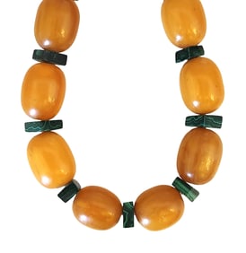 Vintage Amber-Tone & Green Stone Beaded Necklace with Gold-Tone Clasp