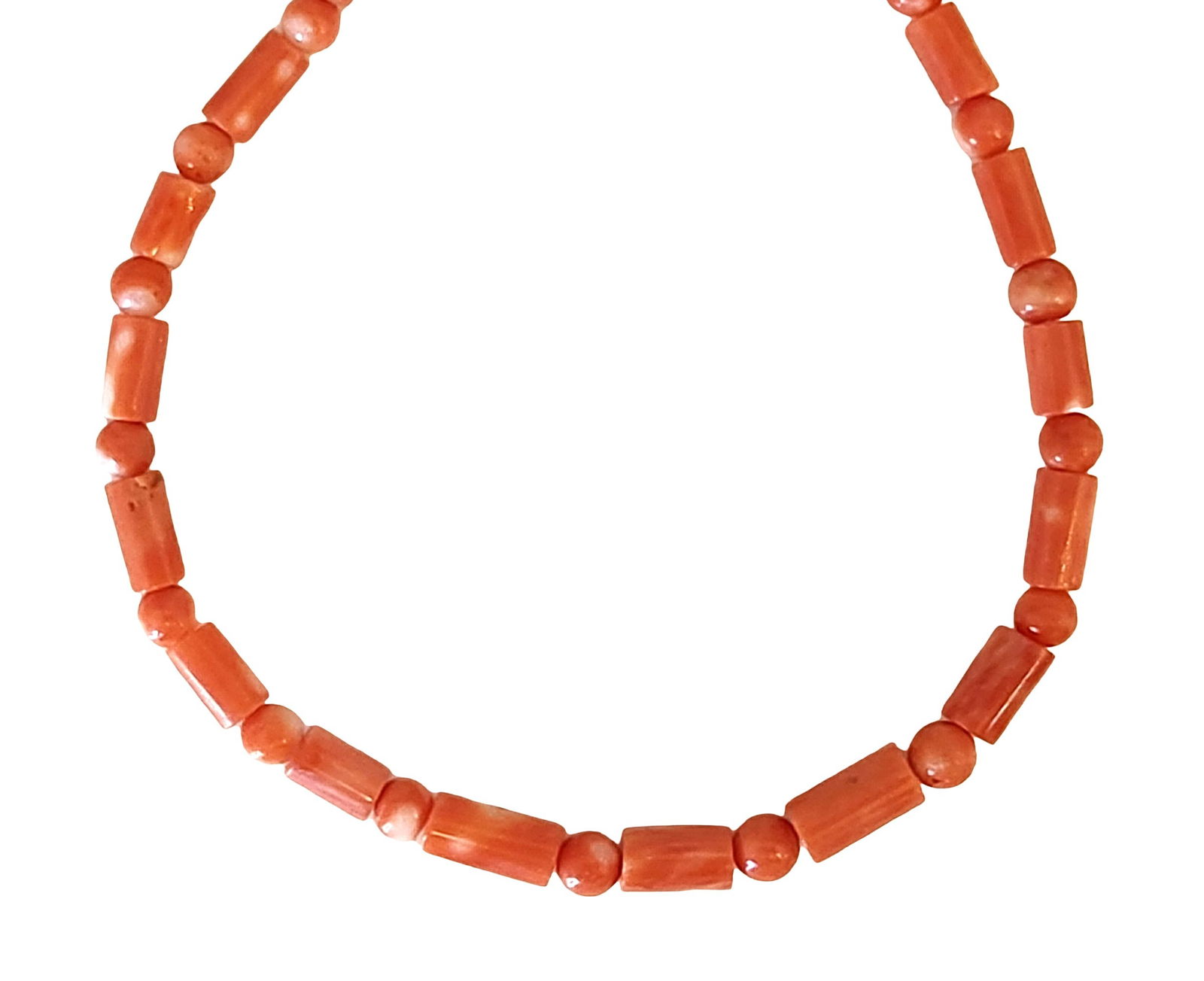Vintage Natural Coral Bead Necklace with Barrel & Round Beads: Beautiful vintage necklace crafted with genuine coral beads in warm natural orange tones. The design alternates smooth cylindrical (barrel) coral beads with polished round coral spacers, creating a ba