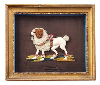 Framed Needlework of a Poodle with Decorative Harness and Gilt Frame