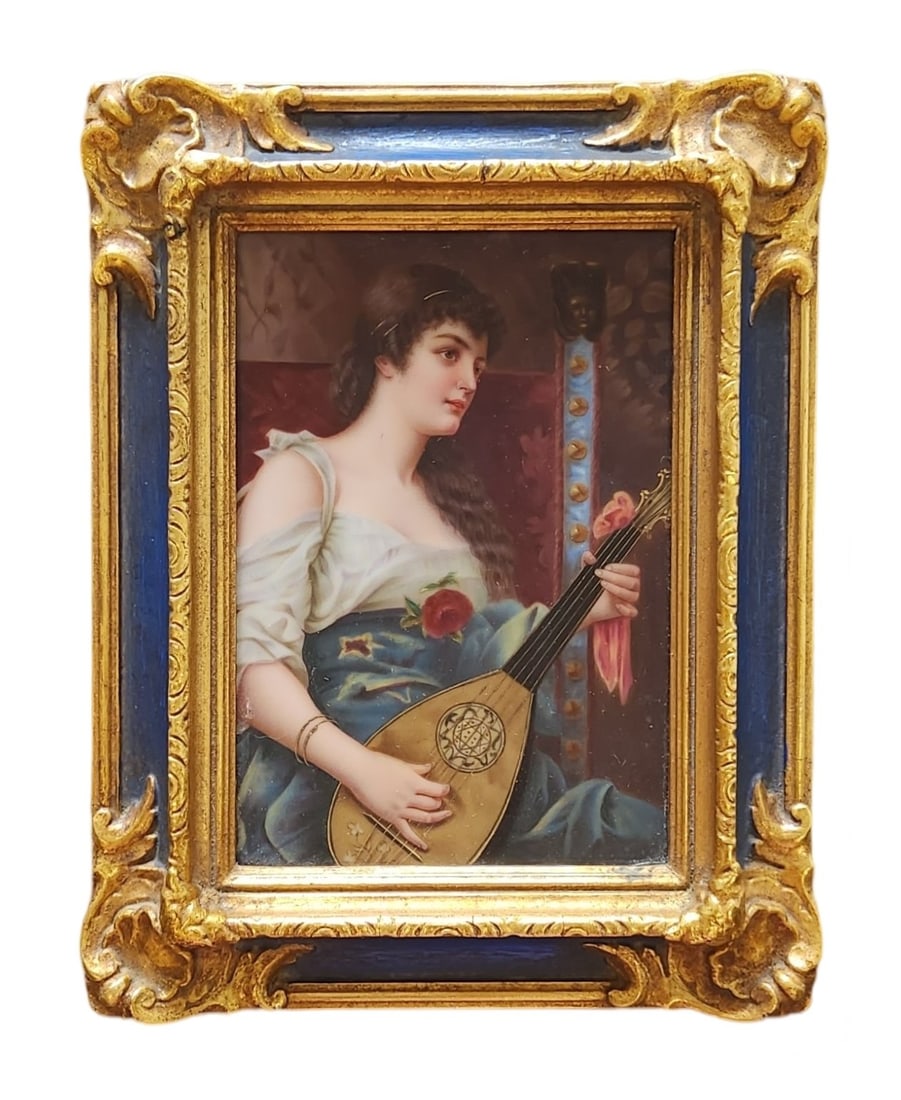 Antique German Hand-Painted Framed Porcelain Plaque after Conrad Kiesel (1846-1921). (1 of 3)