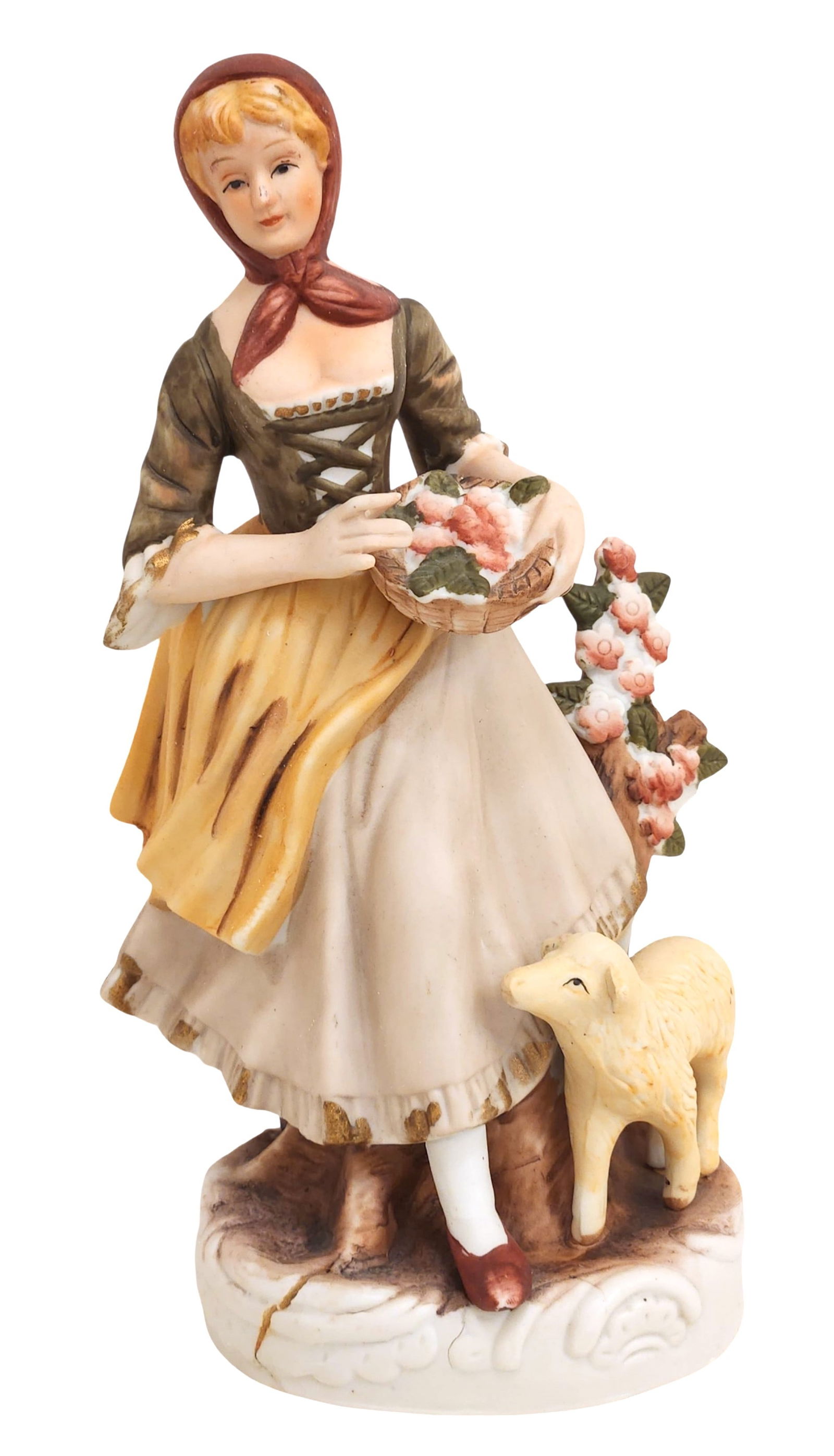 Hand-Painted Porcelain Figure of a Shepherdess with Lamb, 19th/20th C. (1 of 6)