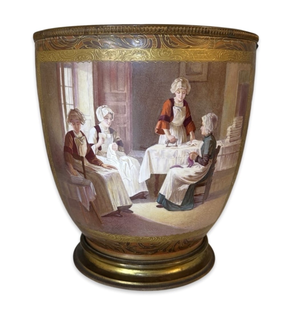 Antique French 19th Century Porcelain Sevres Cachepot: Antique French 19th Century Porcelain Sevres Cachepot Measure 13 3/4"in H x 12 3/4"in Diameter and 9 1/4"in Diameter (Bottom)